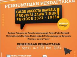 Pendaftaran Calon Anggota Bawaslu Jatim Periode 2023-2028 Resmi Dibuka
