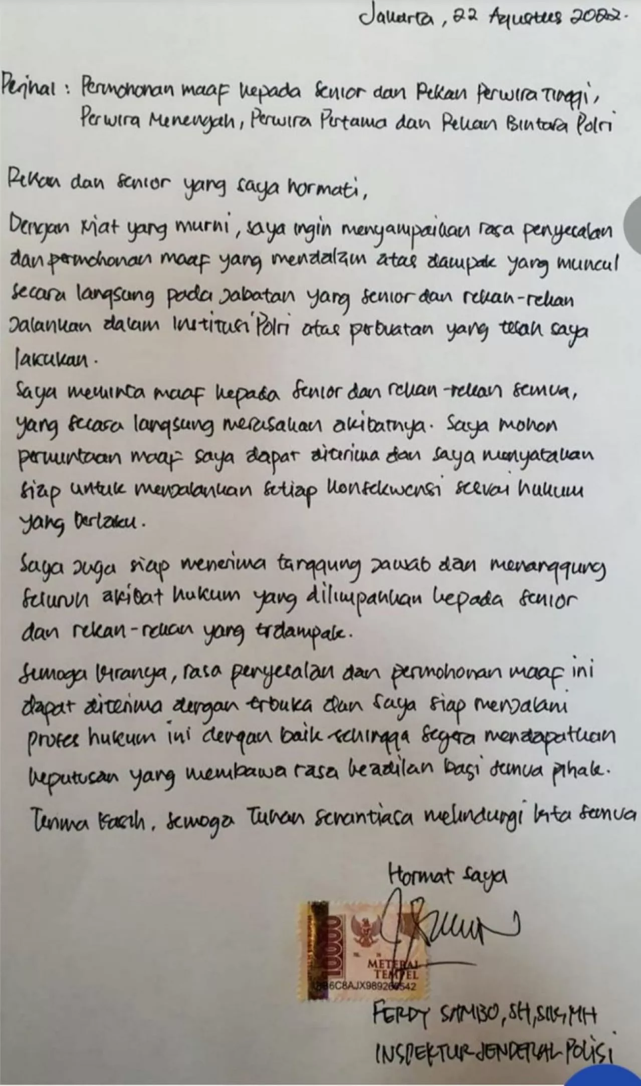 Humas Polri dan Pengacara Benarkan Surat Permintaan Maaf Tertulis Ferdy Sambo