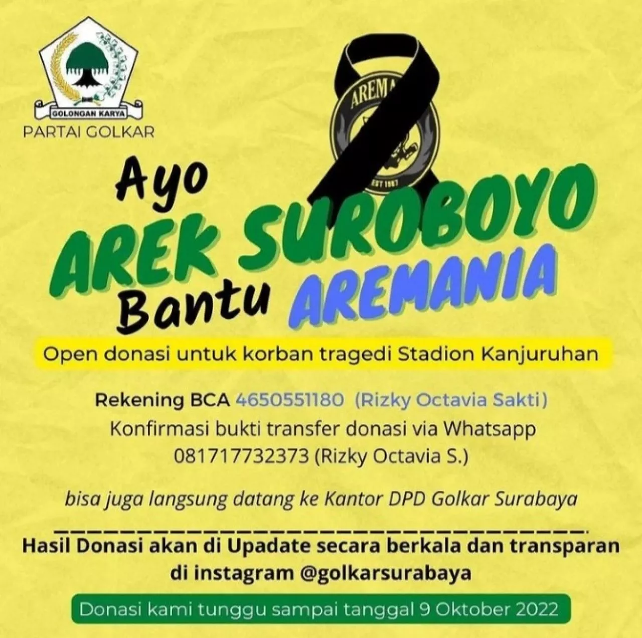Tragedi Kanjuruhan, Open Donasi Partai Golkar Surabaya Tembus Rp 500 Juta
