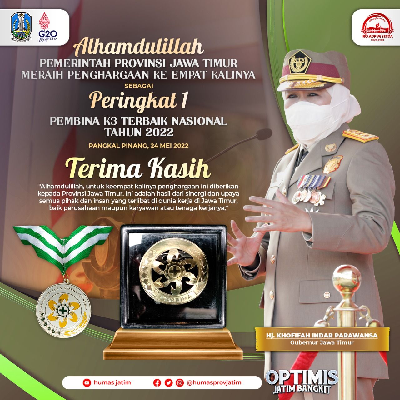 Jawa Timur Kembali Raih Penghargaan Peringkat Pertama Pembina K3 Terbaik Nasional