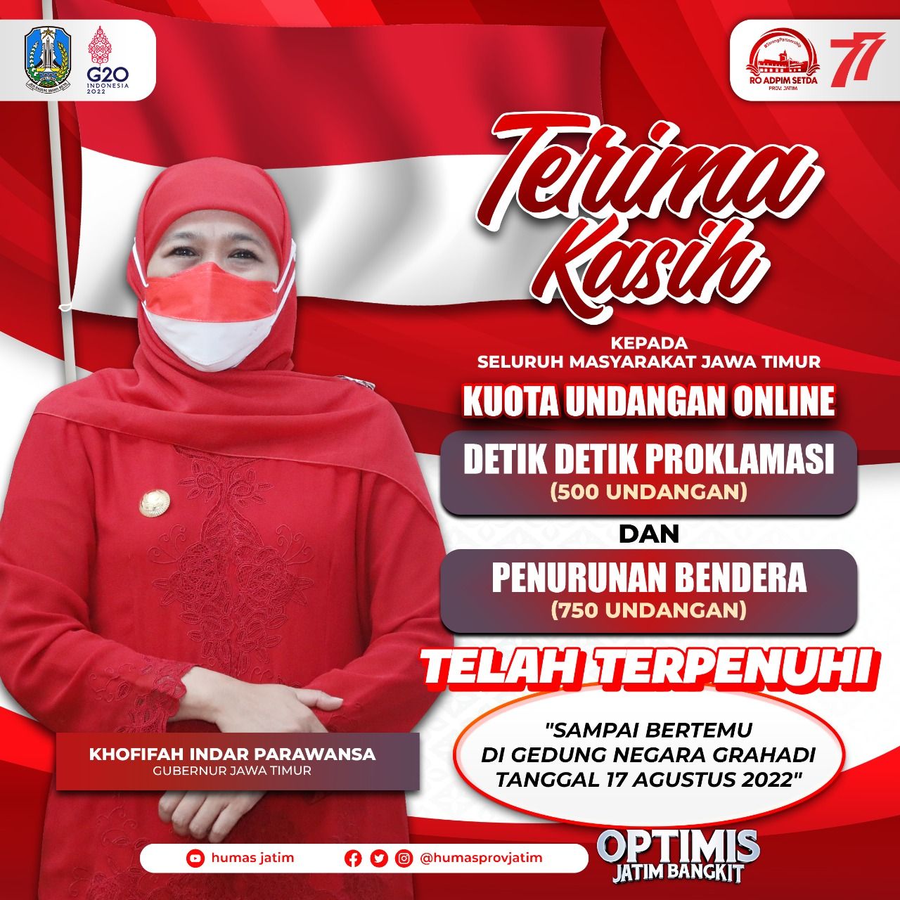 Undangan Upacara Kemerdekaan RI Ludes, Khofifah: Bukti Tingginya Nasionalisme Warga Jatim