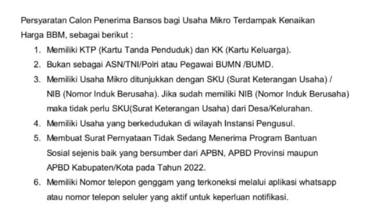 Pemilik Nomor Induk berusaha (NIB ) Usaha Mikro Jatim Segera Daftar Bansos Terdampak Kenaikan BBM