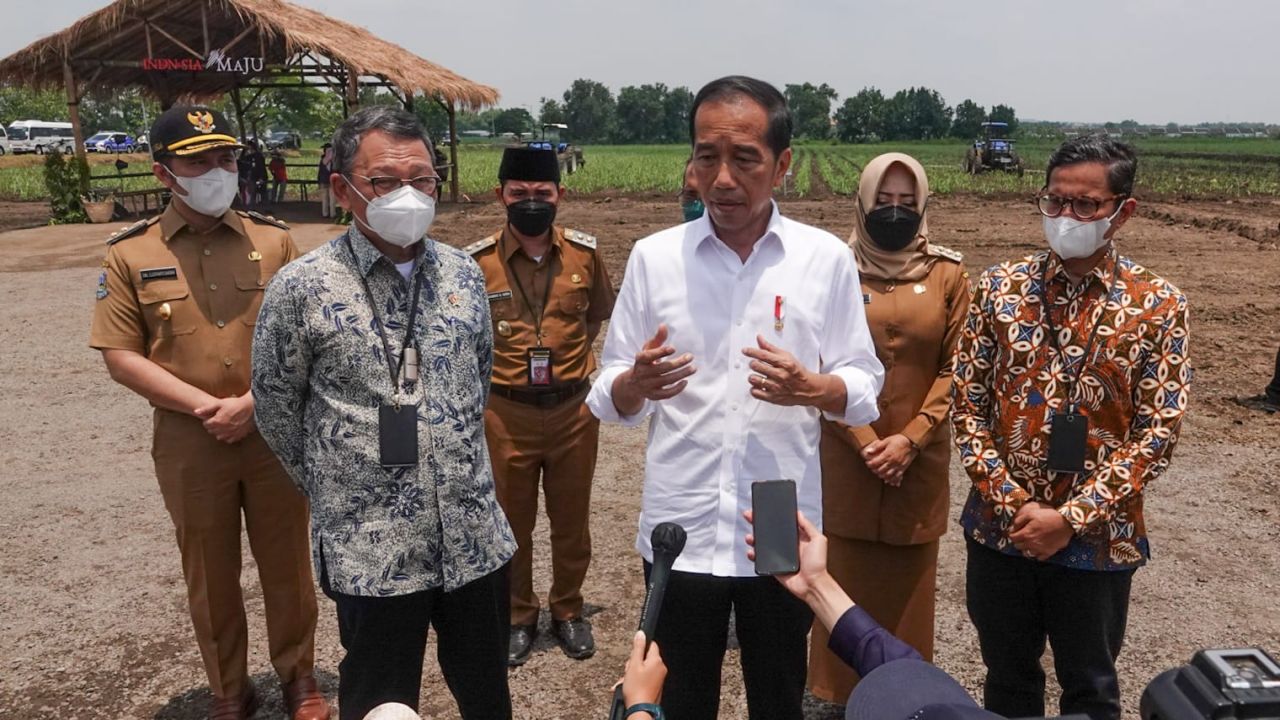 Presiden Joko Widodo saat meninjau kebun tebu sekaligus berdialog dengan sejumlah petani tebu lokal di area lahan tebu Temu Giring PTPN X di Desa Batankrajan, Gedeg, Kab. Mojokerto, Jumat, (4/11).
