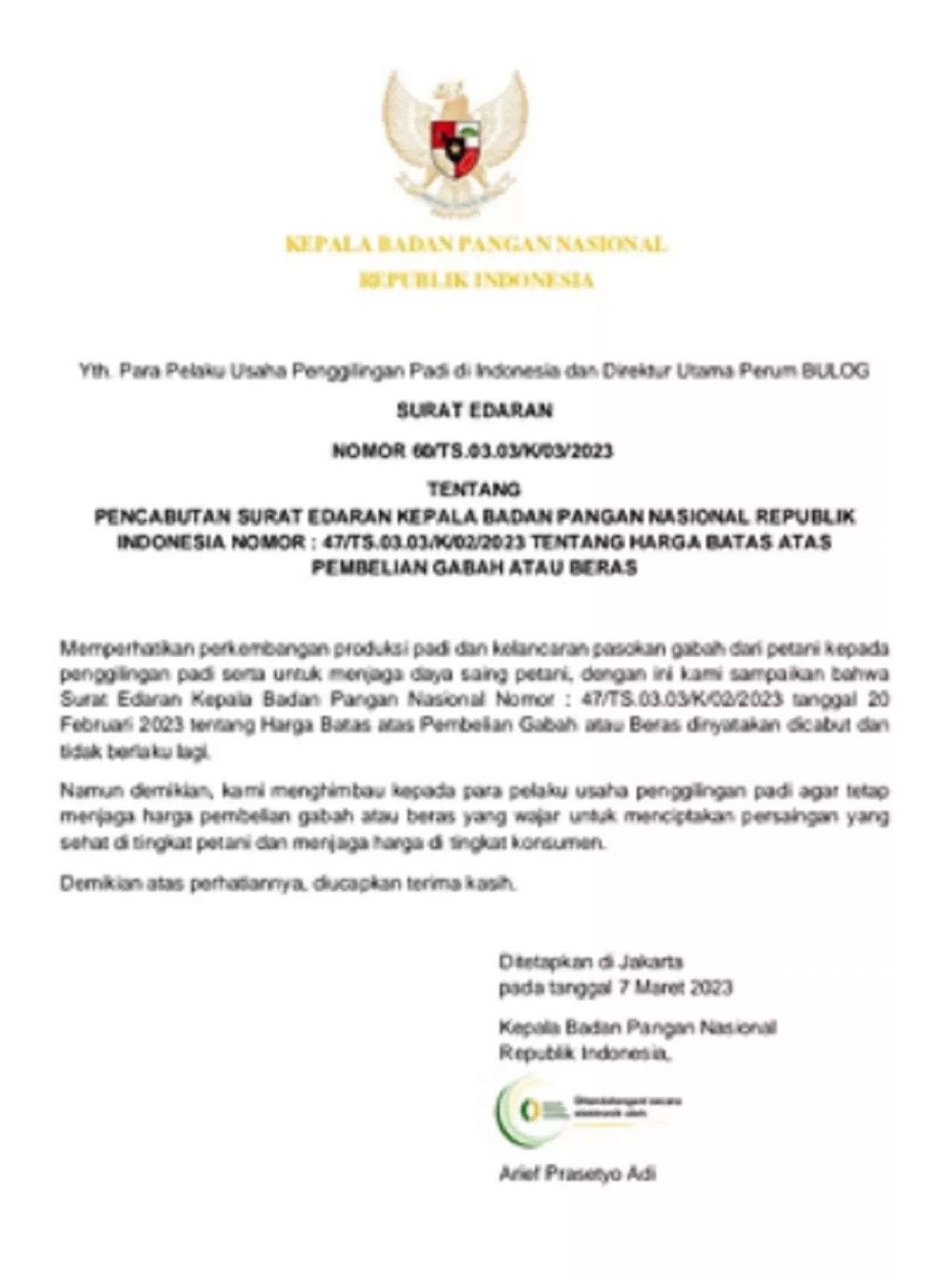 Petani Kembali Boleh Menjual Harga Gabah dan Beras Dengan Harga Tinggi