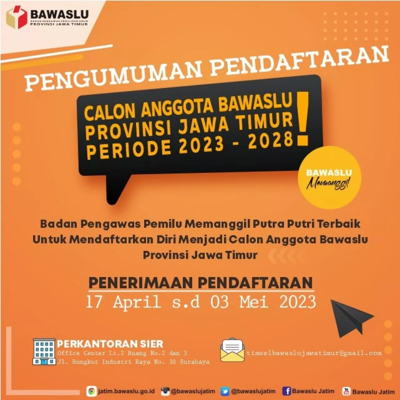 Pendaftaran Calon Anggota Bawaslu Jatim Periode 2023-2028 Resmi Dibuka