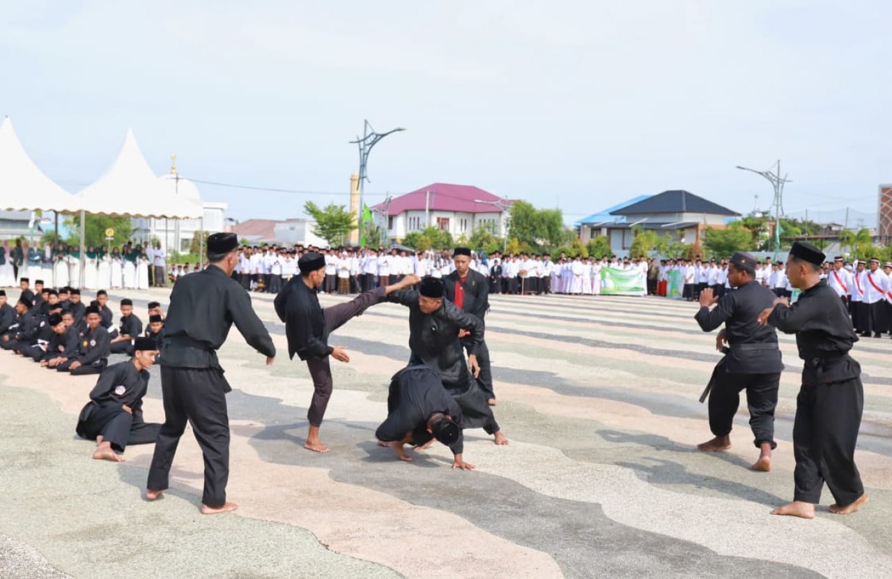 Penampilan para pesilat saat peringatan Hari Santri Nasional di Kabupaten Pidie 