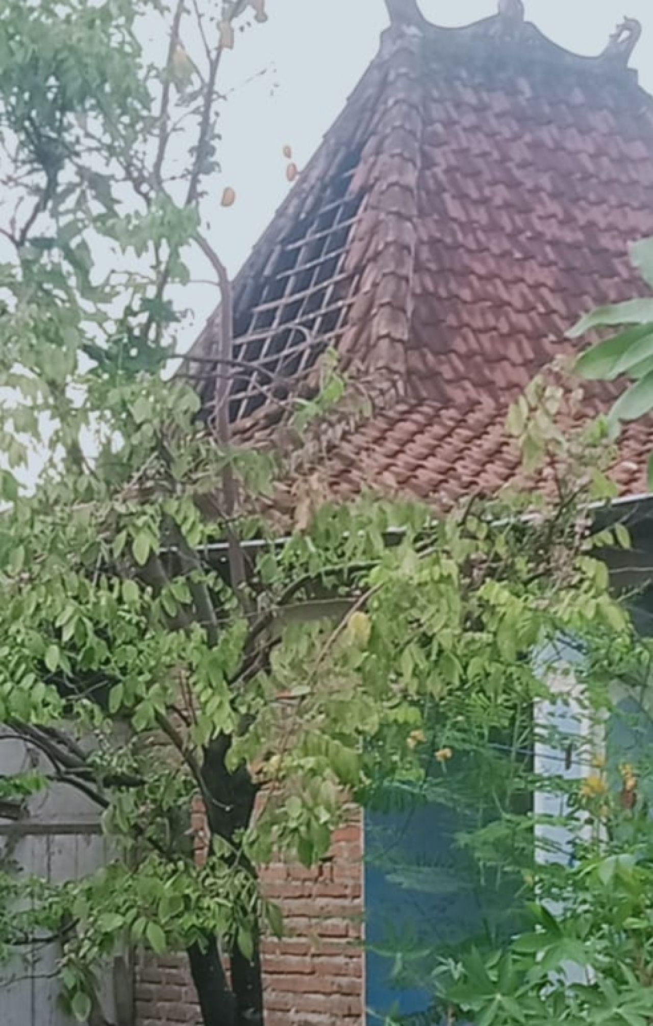 Sejumlah atap rumah warga yang rusak berhamburan akibat hujan deras dan angin kencang, Minggu (26/11/2023) petang. ZR