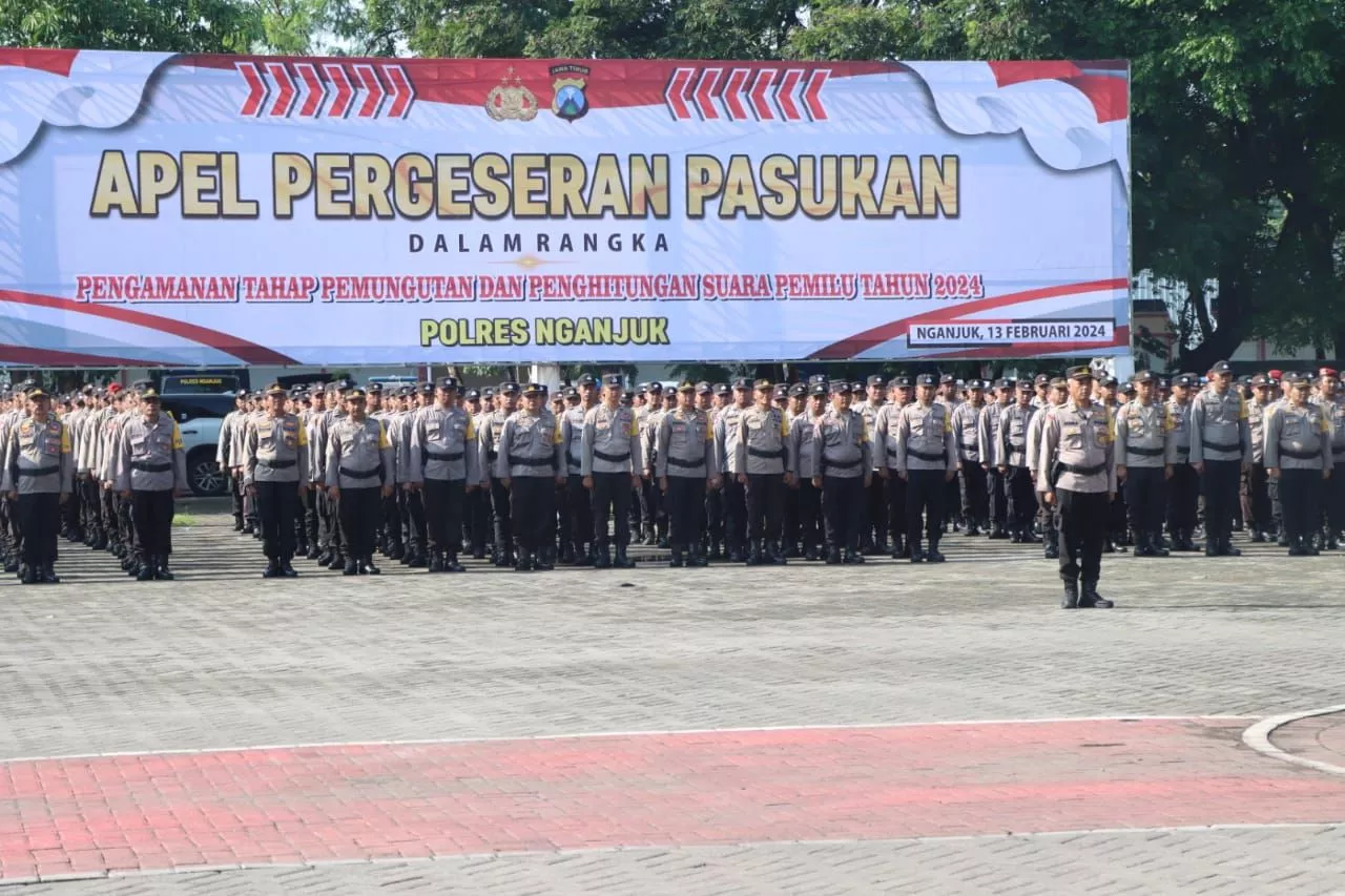 Kapolres Nganjuk Pimpin Apel Pergeseran Pasukan Personel Pam Pungut dan Hitung Suara Pemilu 2024