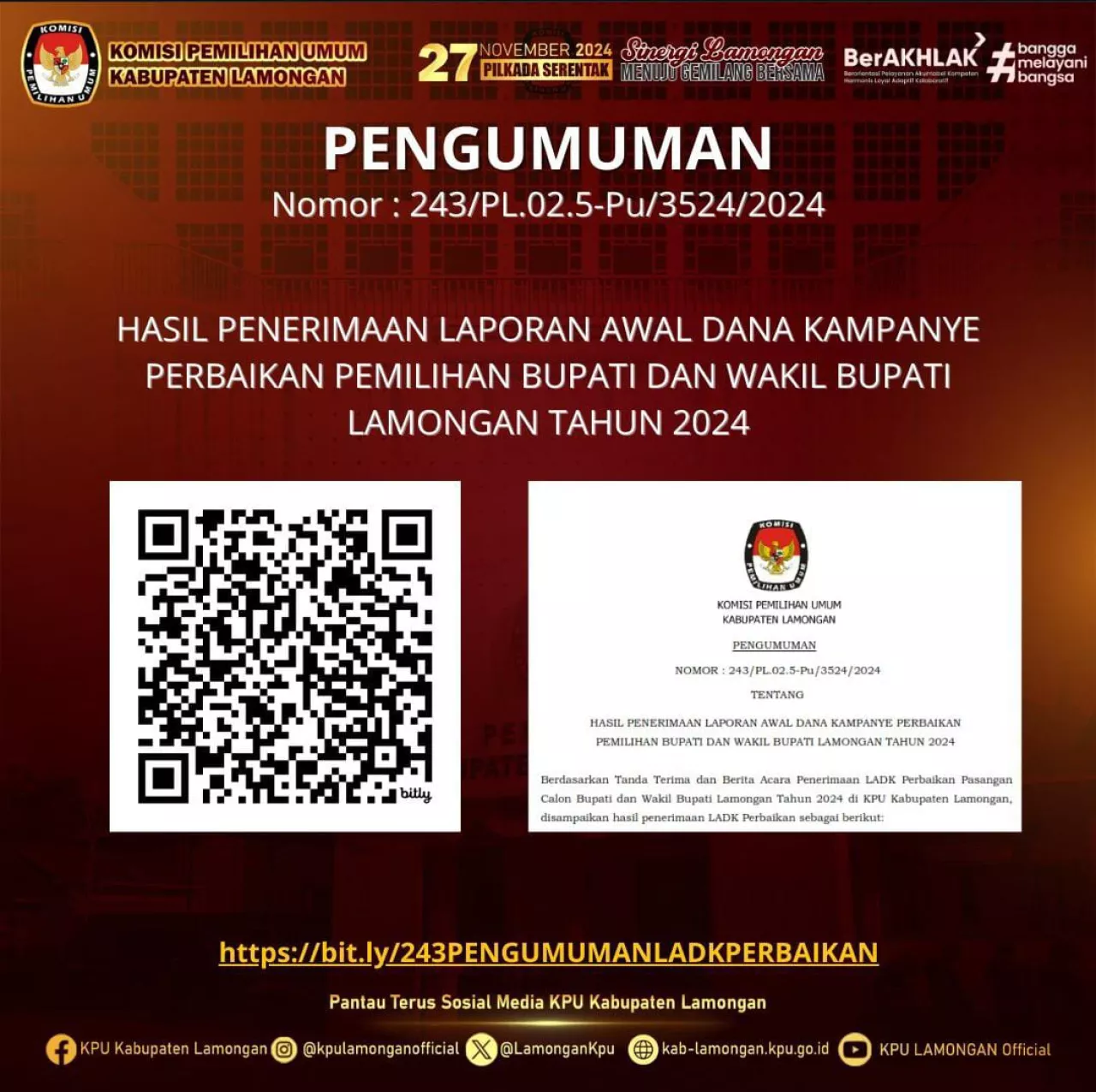KPU Lamongan Telah Terima Laporan Dana Kampanye Dua Paslon Pilkada Lamongan 2024