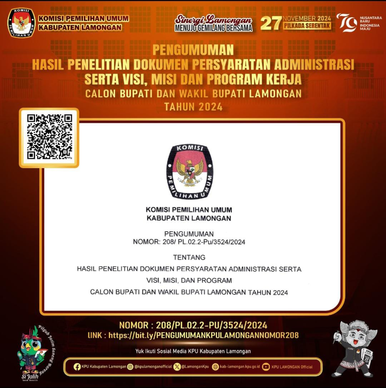 Dua Bakal Calon Bupati dan Wakil Bupati Lamongan Dinyatakan Memenuhi Syarat 