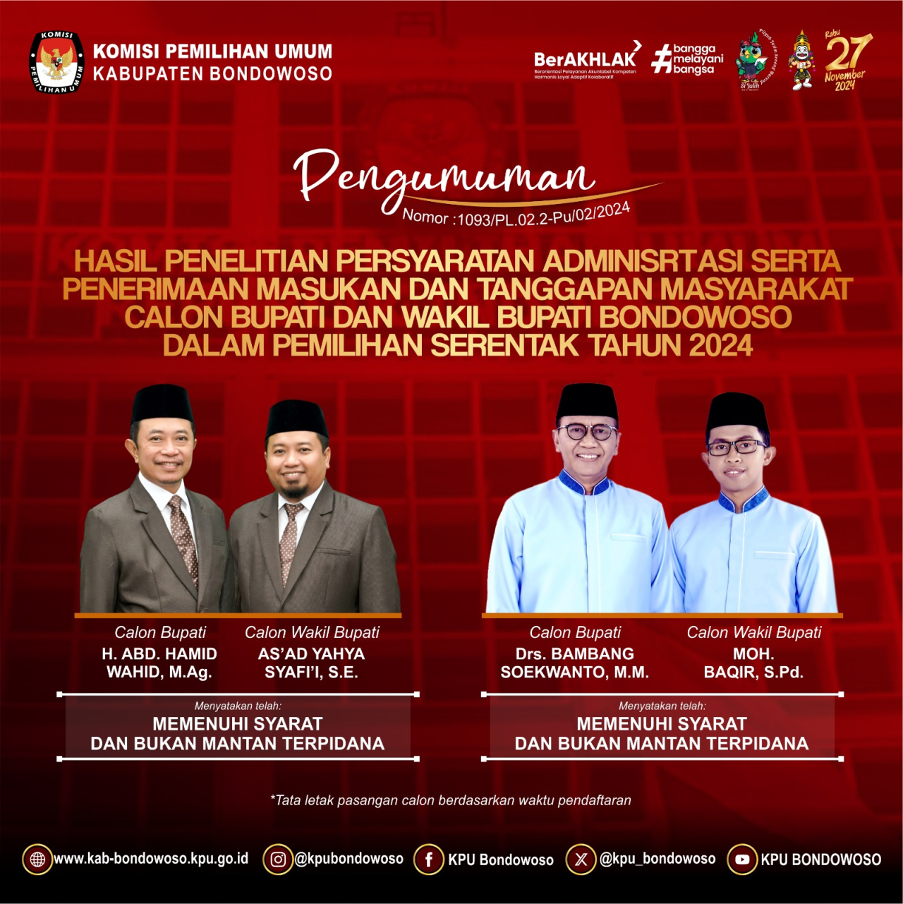 2 Paslon Bupati dan Wakil Bupati Bondowoso Memenuhi Syarat, KPU Bondowoso  Buka Tanggapan Masyarakat