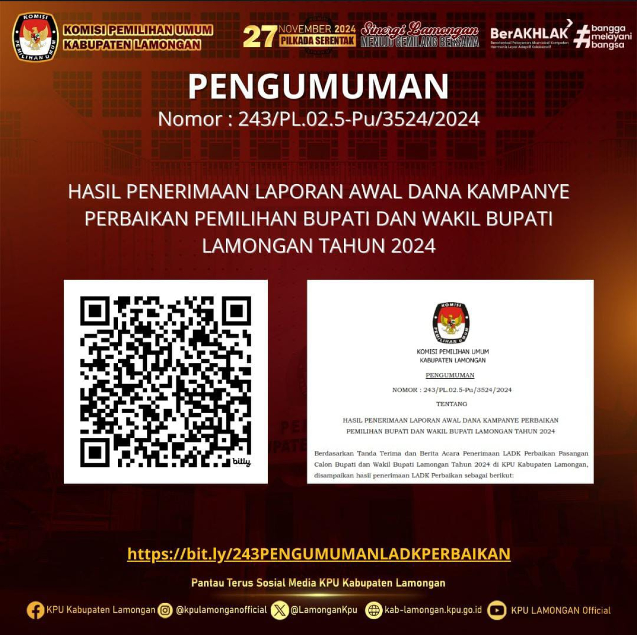 KPU Lamongan Telah Terima Laporan Dana Kampanye Dua Paslon Pilkada Lamongan 2024