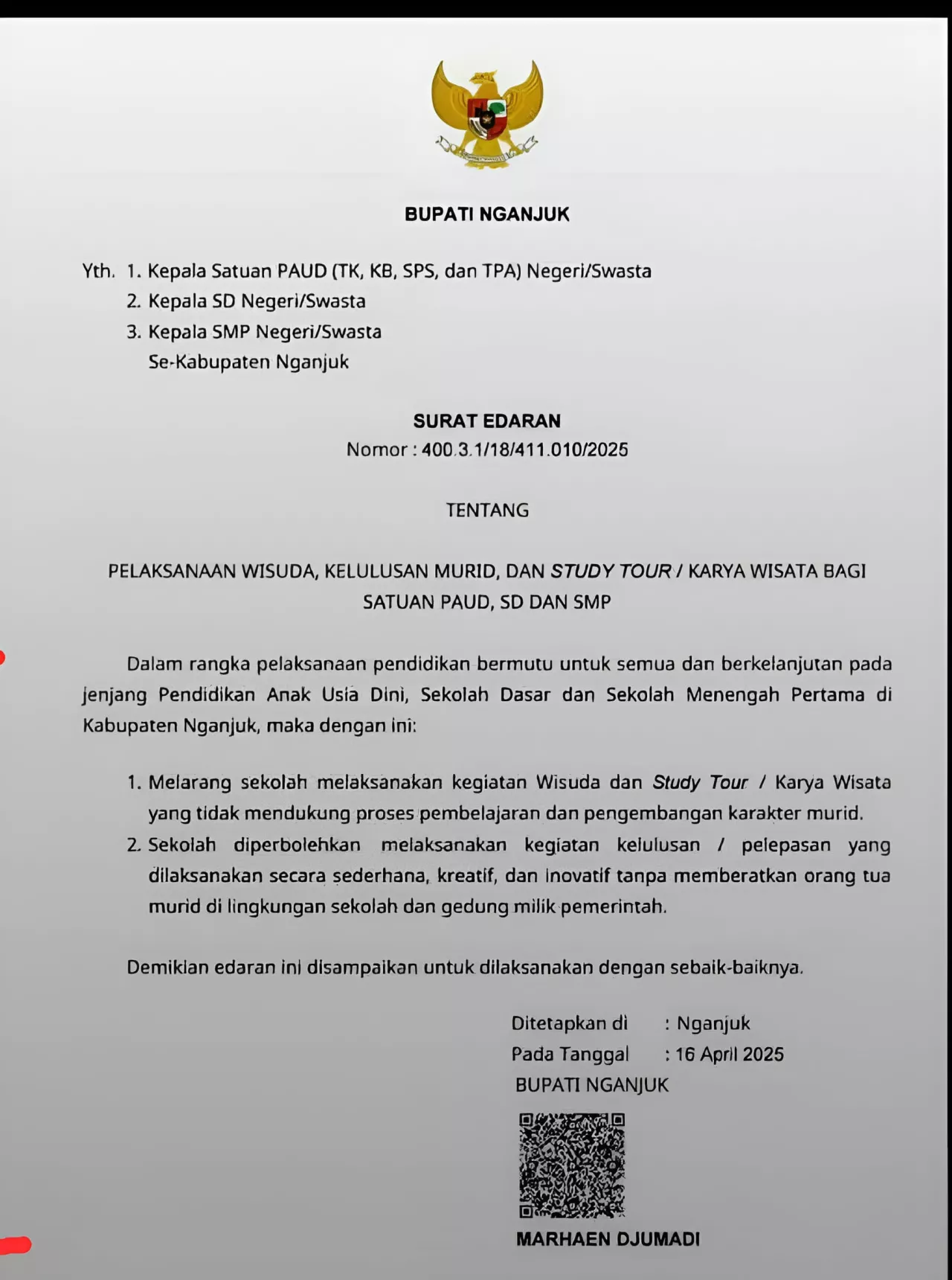 Larangan Wisuda dan Study Tour untuk PAUD, SD, dan SMP di Kabupaten Nganjuk
