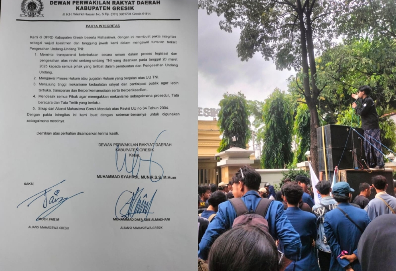 Aliansi Mahasiswa Gresik menggelar aksi demonstrasi menuntut transparansi dalam mekanisme pengesahan Revisi Undang-Undang TNI.