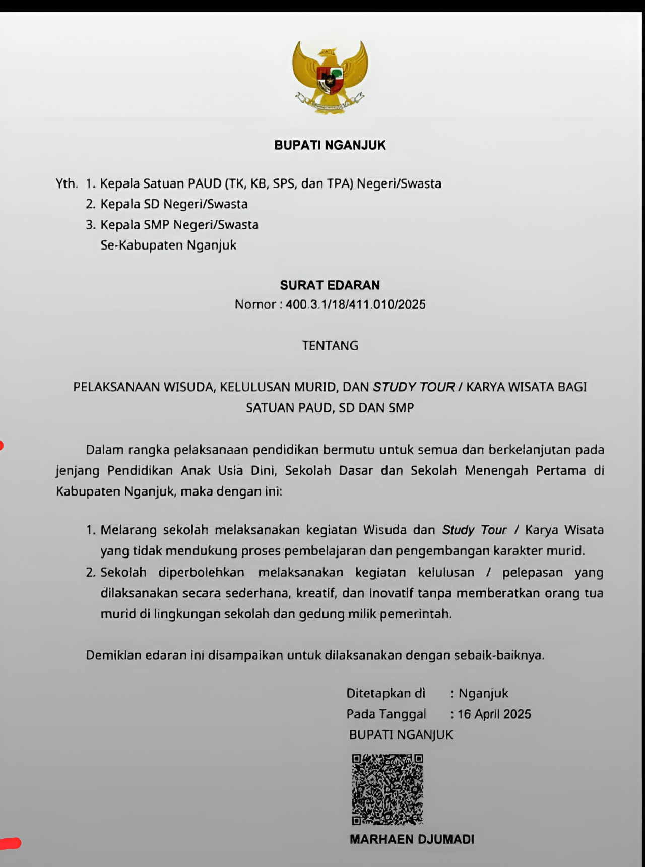 Larangan Wisuda dan Study Tour untuk PAUD, SD, dan SMP di Kabupaten Nganjuk