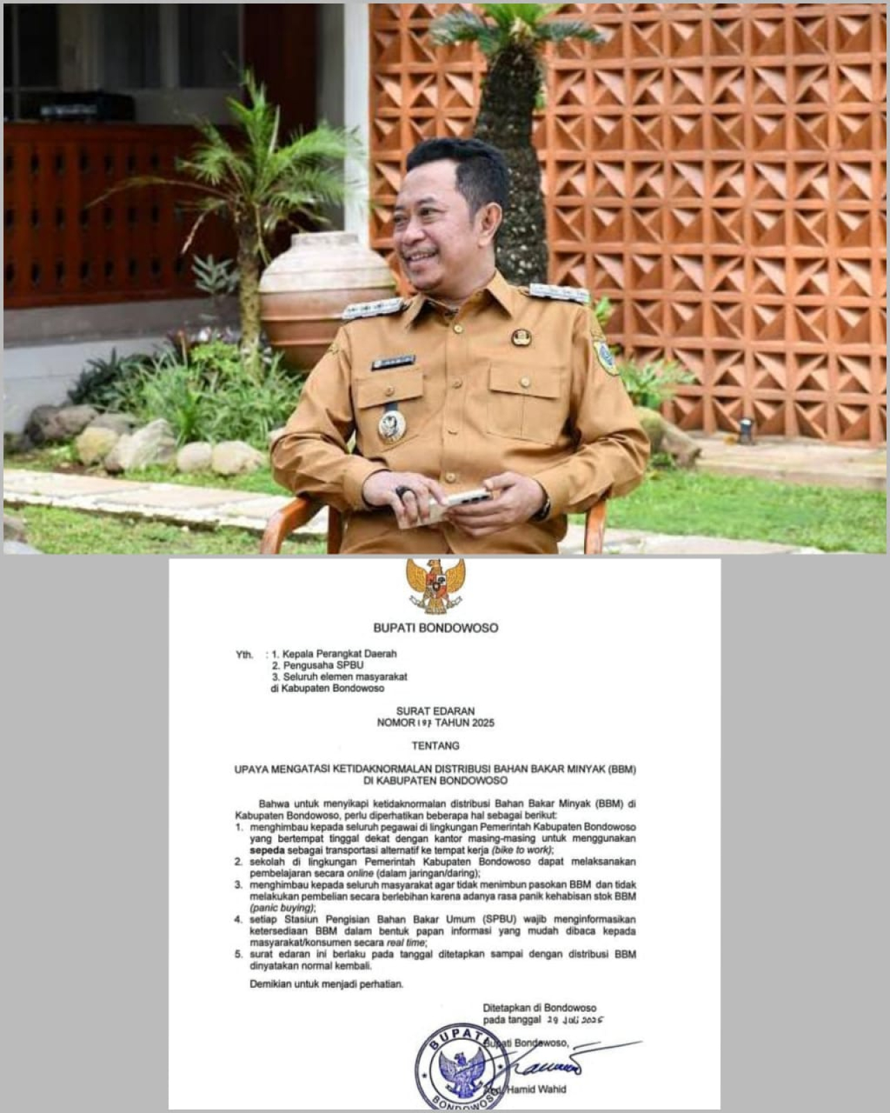 Atasi Kelangkaan BBM, Bupati Bondowoso Terbitkan SE: Pegawai Diminta Bersepeda dan Sekolah Bisa Daring