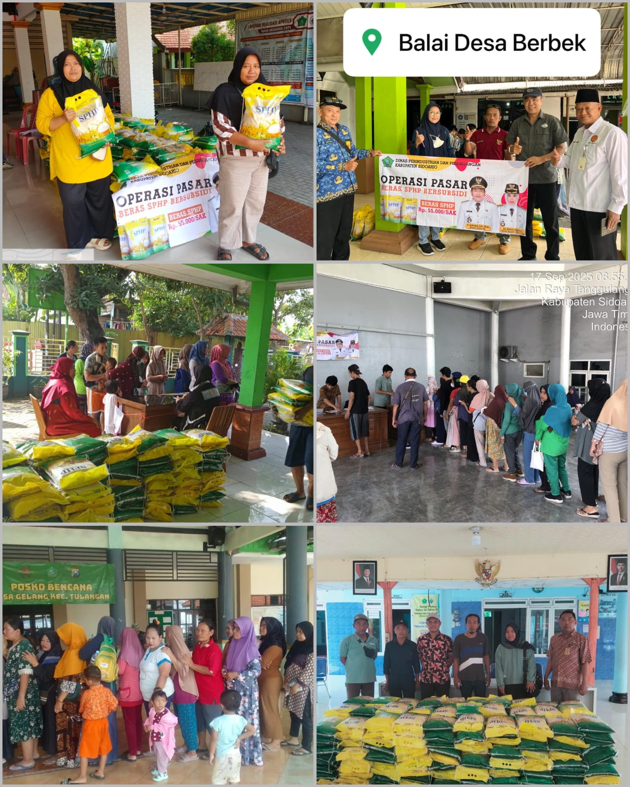 Sejumlah foto yang menunjukkan aktivitas pasar murah yang digagas oleh Disperindag Kabupaten Sidoarjo yang didukung penuh oleh PT Puspa Agro di sejumlah lokasi Desa-Desa di Kabupaten Sidoarjo. (Foto Puspa Agro for JatimUPdate.id)