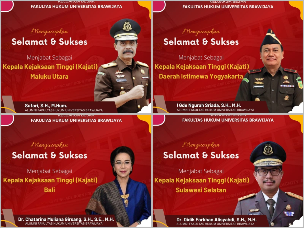 Empat Alumni FHUB Jabat Kajati DIY, Maluku Utara, Sulawesi Selatan dan Bali
