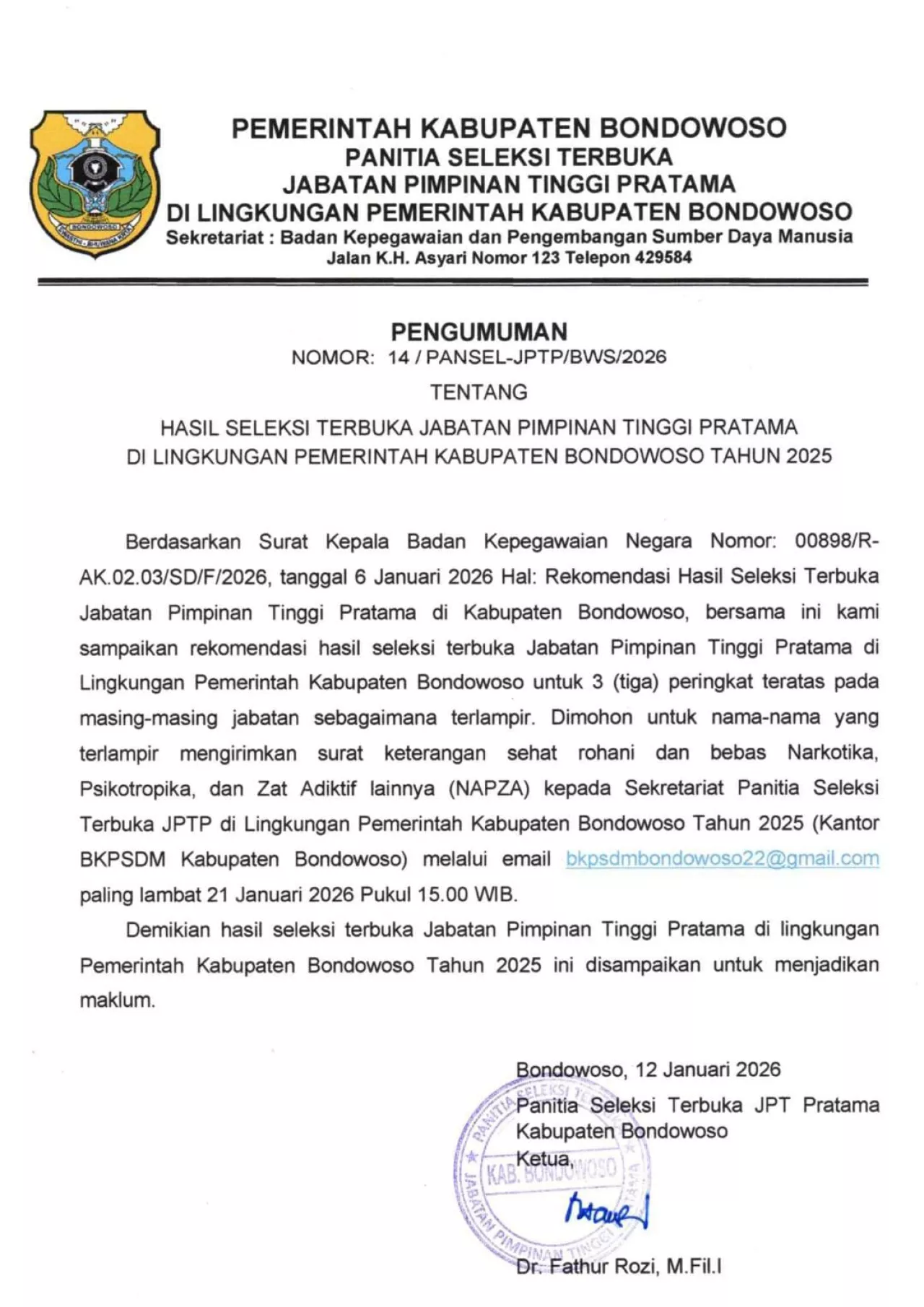 Hasil Lelang Jabatan Eselon II Bondowoso Diumumkan, Enam ASN Masuk Tiga Besar di Dua Posisi