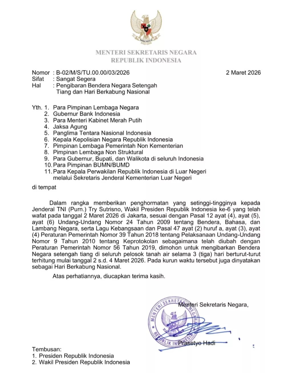 Pemerintah Tetapkan Berkabung Nasional, Bendera Setengah Tiang untuk Hormati Try Sutrisno