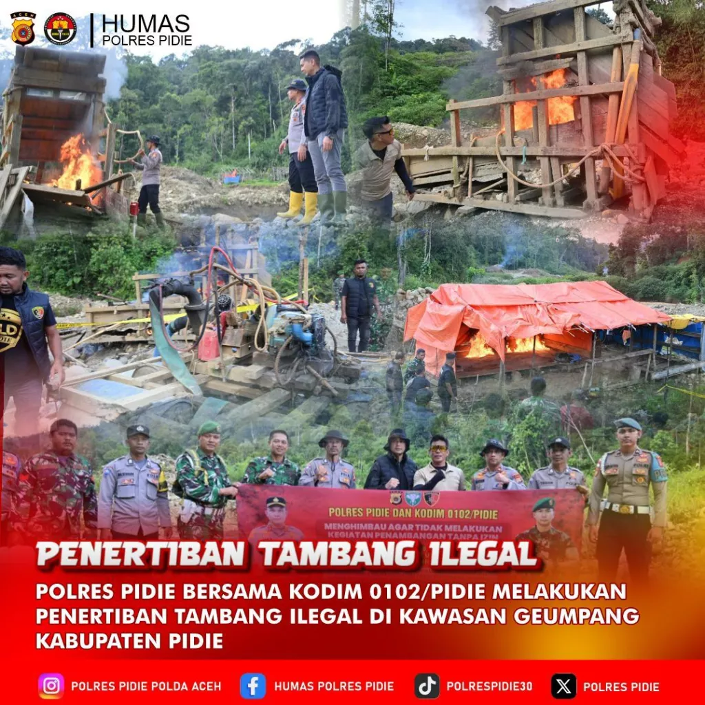 ‎Polres Pidie dan Kodim 0102 Tertibkan PETI di Geumpang, Lakukan Sosialisasi Preventif