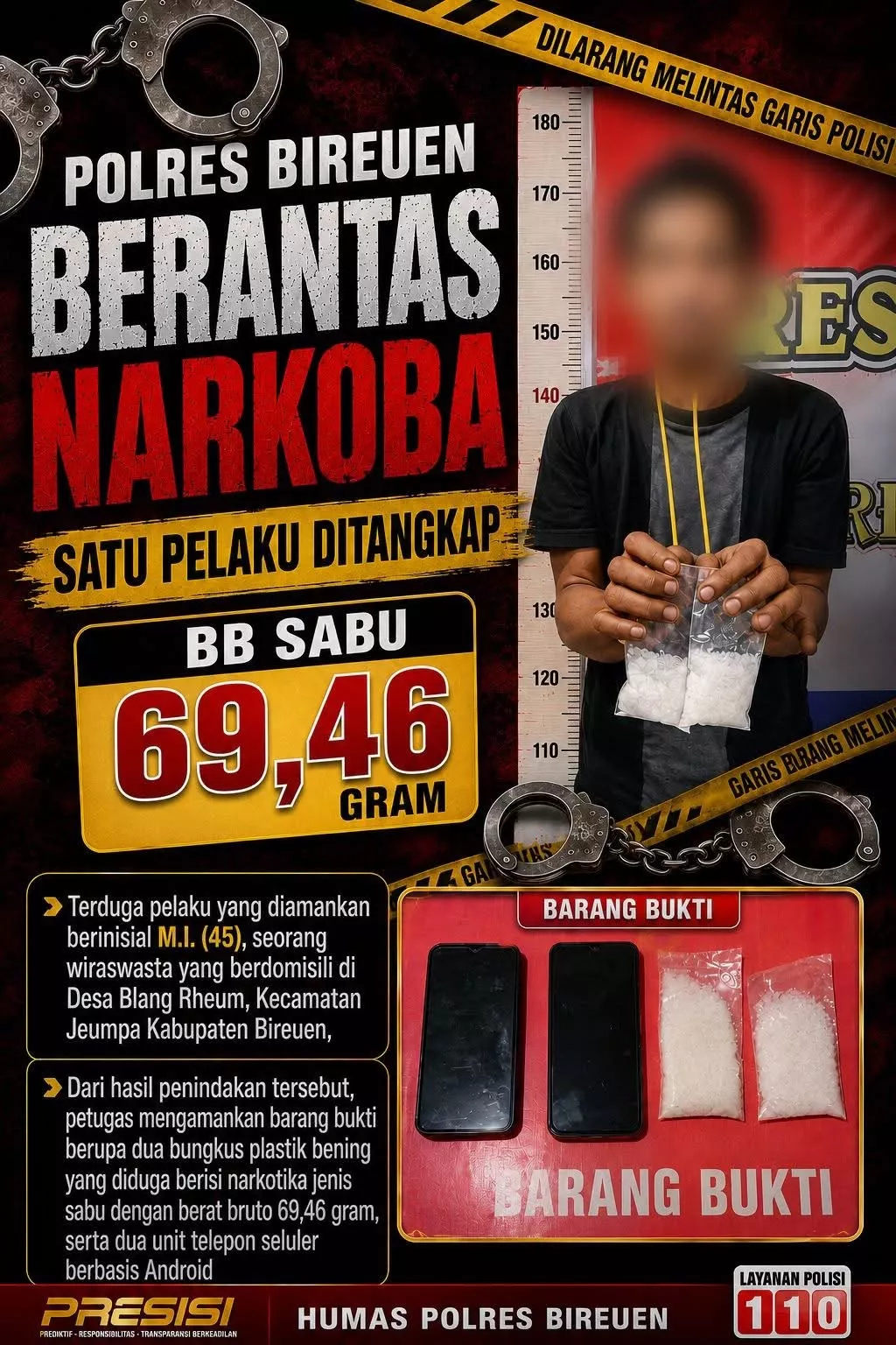 Polres Bireuen Tangkap Pelaku Penyalahgunaan Narkotika Dengan Barang Bukti Sabu 69,46 gram