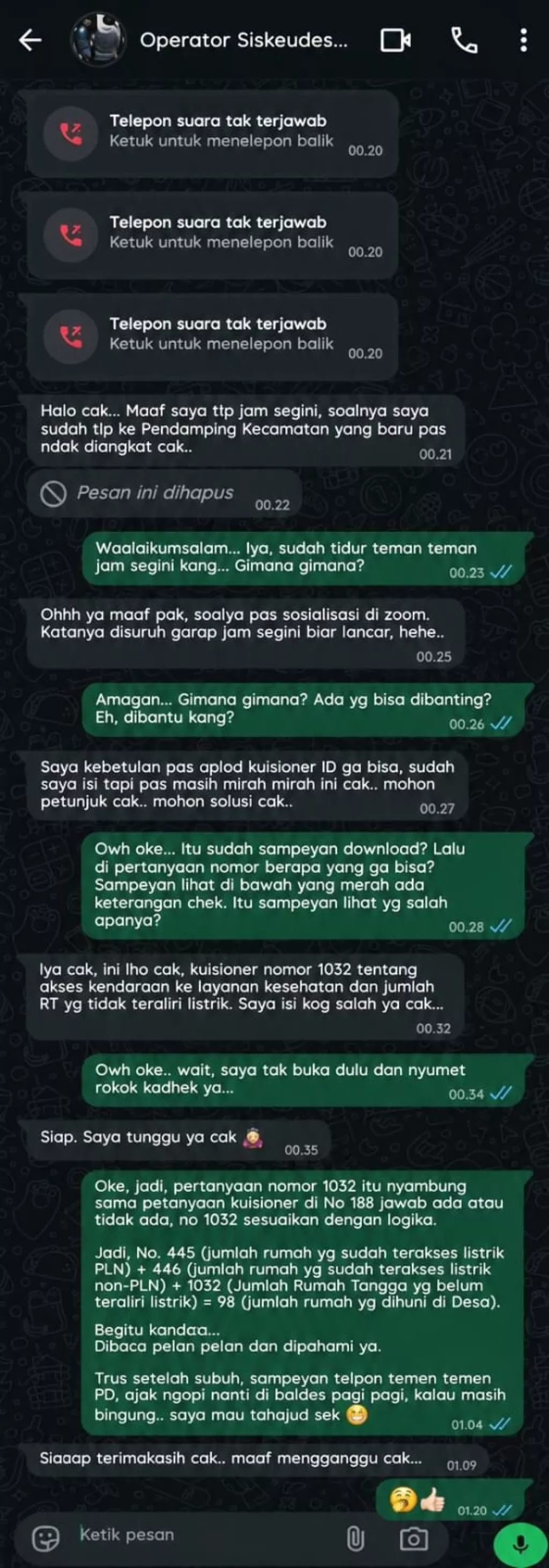 Terbongkar...!! Screenshot Percakapan Whatapp Antara Pendamping Desa dan Operator Desa di tengah malam.