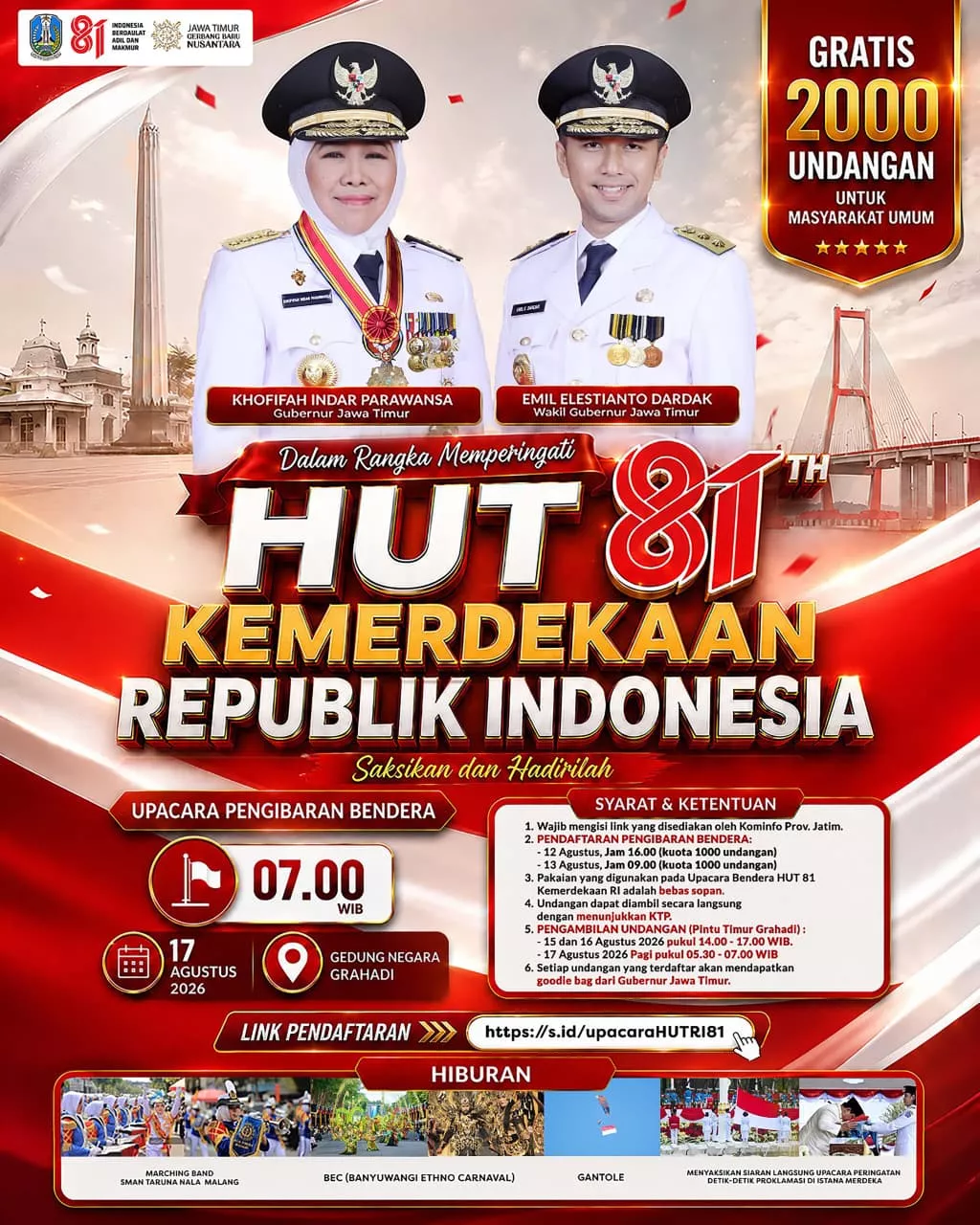 Gubernur Khofifah Undang Masyarakat Ikuti Upacara HUT Ke-81 Kemerdekaan RI di Grahadi