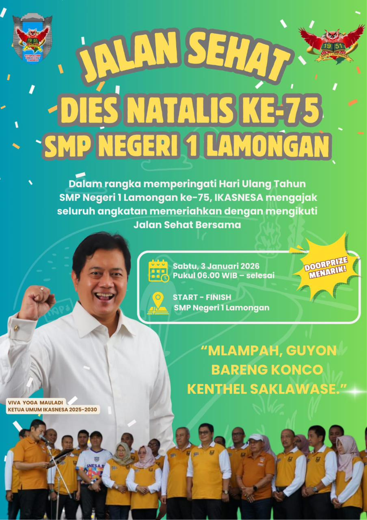 Wamen Transmigrasi Viva Yoga Mauladi Hadiri Reuni dan Jalan Sehat alumni SMPN 1 Lamongan