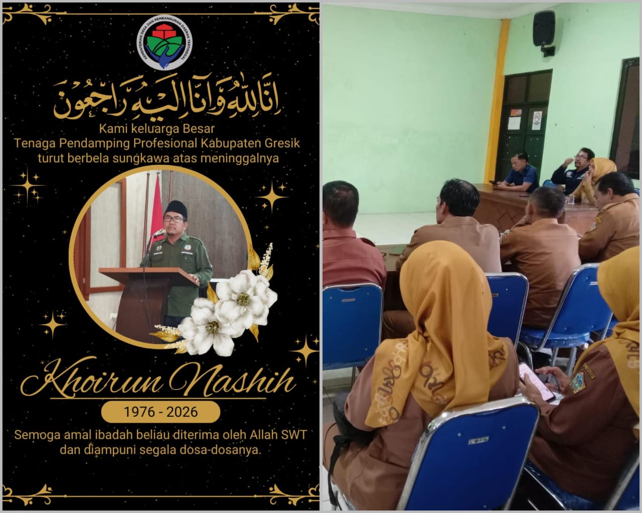 Flayer duka cita dan foto sesaat sebelum alm Khoirun Nashih menghembuskan nafas terakhir saat rapat koordinasi.