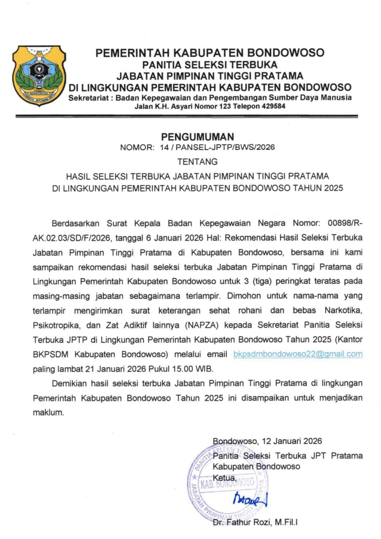 Hasil Lelang Jabatan Eselon II Bondowoso Diumumkan, Enam ASN Masuk Tiga Besar di Dua Posisi