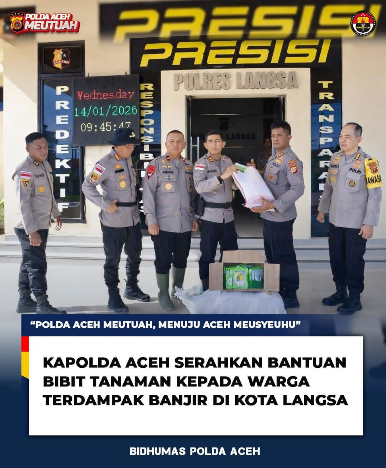 Kapolda Aceh Serahkan Bantuan Bibit Tanaman Pada Warga Terdampak Banjir di Langsa