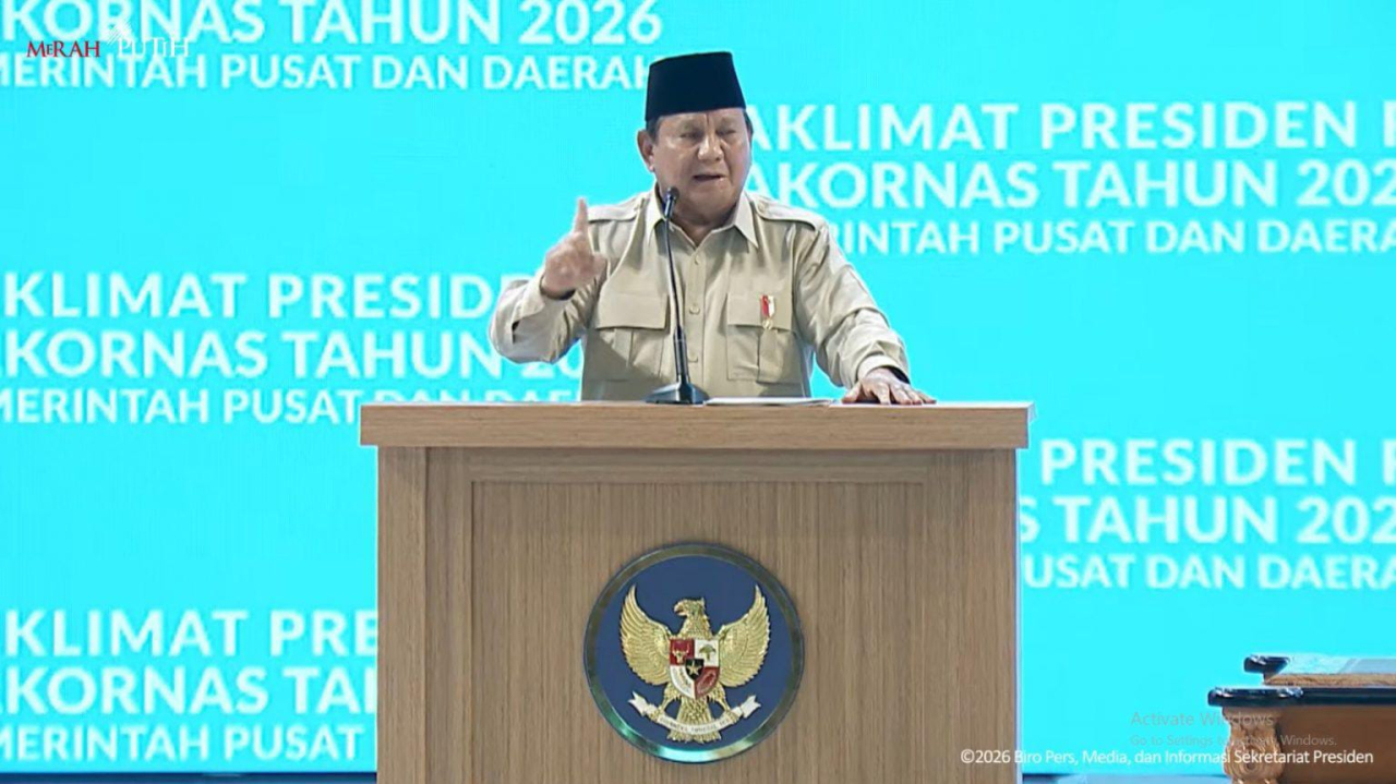 Presiden Prabowo Subianto menyinggung kemungkinan terjadinya perang dunia ketiga dan nuclear winter pada Rakornas Pemerintah Pusat-Daerah, yang digelar di Sentul International Convention Center (SICC), Senin (2/2/2026). (Foto istimewa)