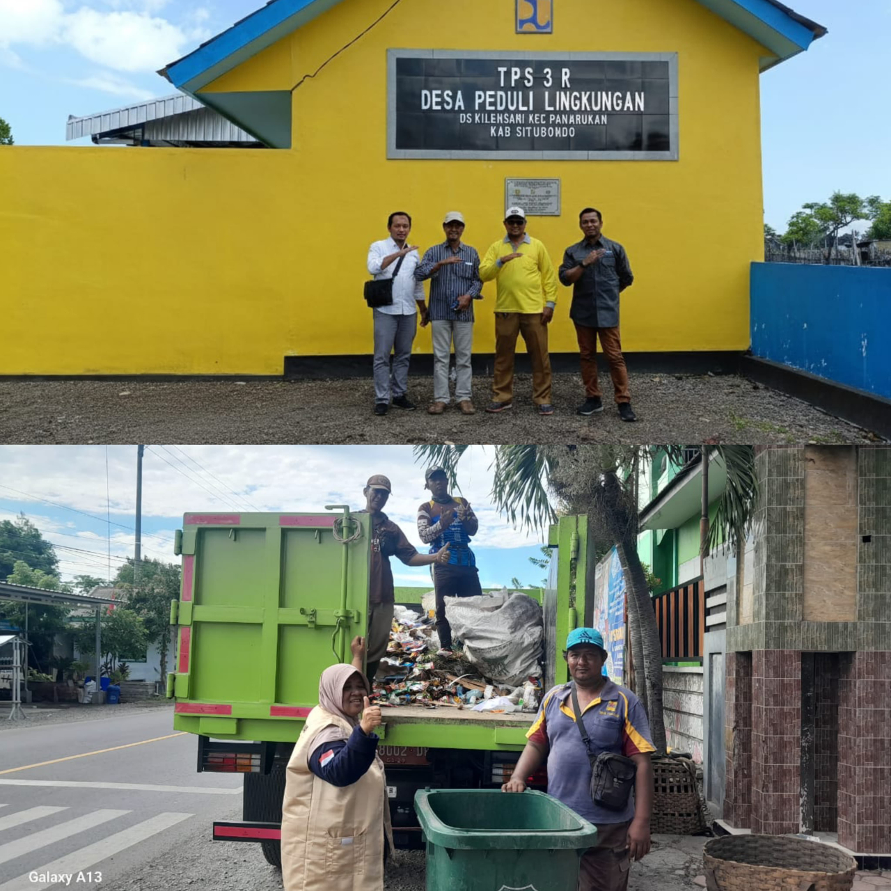 Bangunan TPS 3R Desa Kilensari menjadi simbol transformasi pengelolaan sampah berbasis masyarakat. (Foto atas)  Petugas KSM dan warga lakukan pengangkutan sampah di Desa Kilensari, Kec. Panarukan, Situbondo. (Foto bawah)