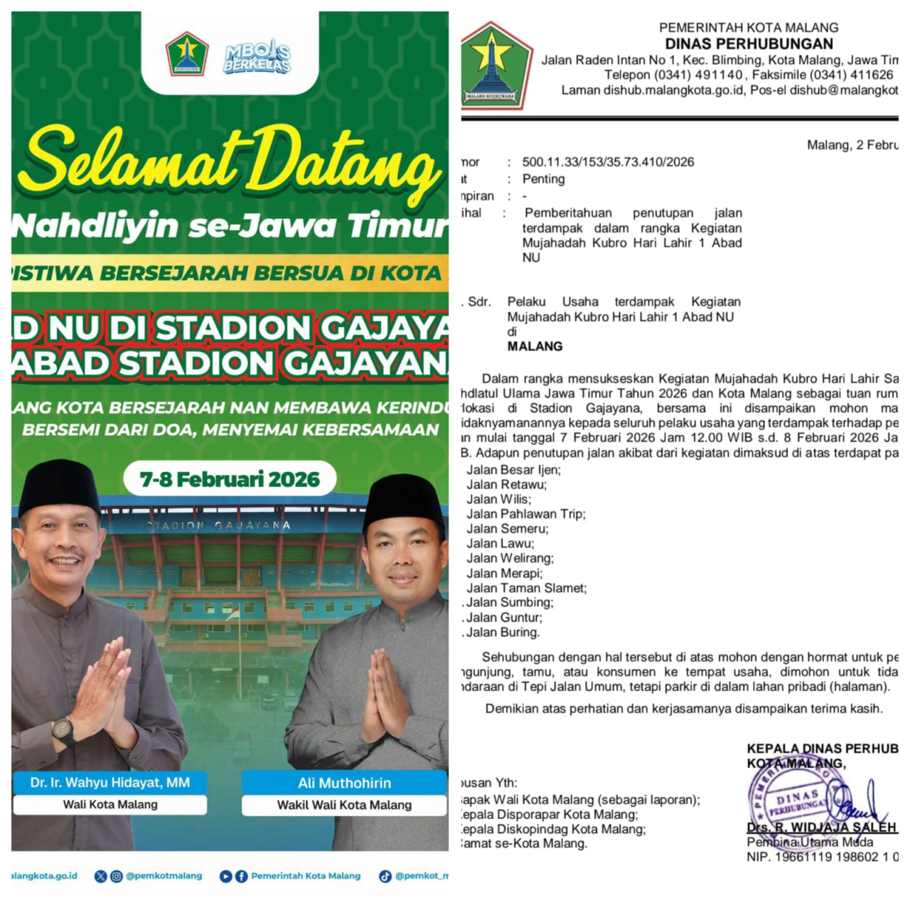 Flayer selamat datang oleh Pemkot Malang untuk warga NU yang akan berkegiatan di Kota Malang.