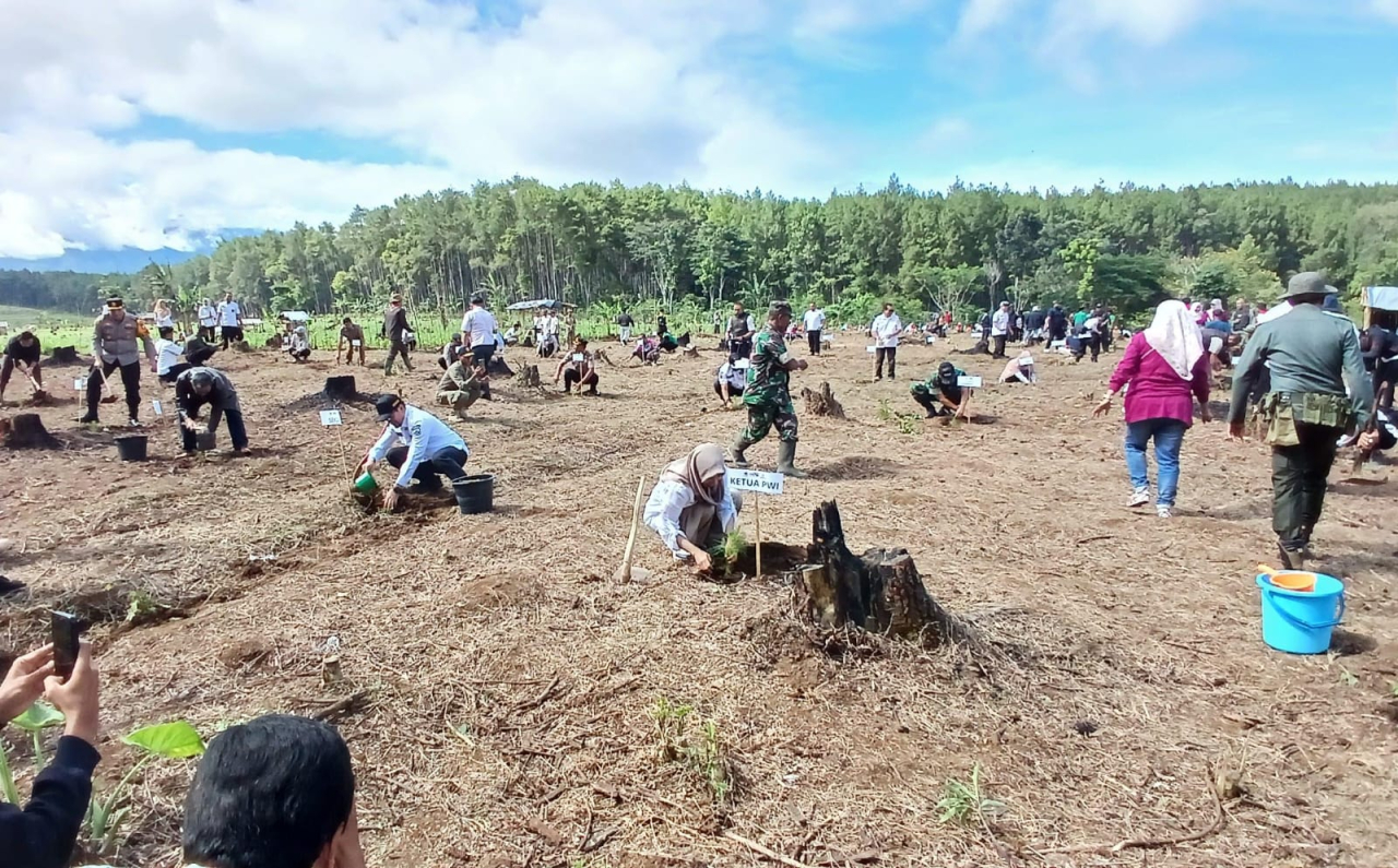 Ratusan peserta dari berbagai elemen masyarakat menanam pohon dalam gerakan “Sedekah Oksigen” yang digelar PWI Bondowoso di kawasan hutan Sumberwringin, Rabu (11/2/2026). (Foto Humas PWI Bondowoso for JatimUPdate.id)