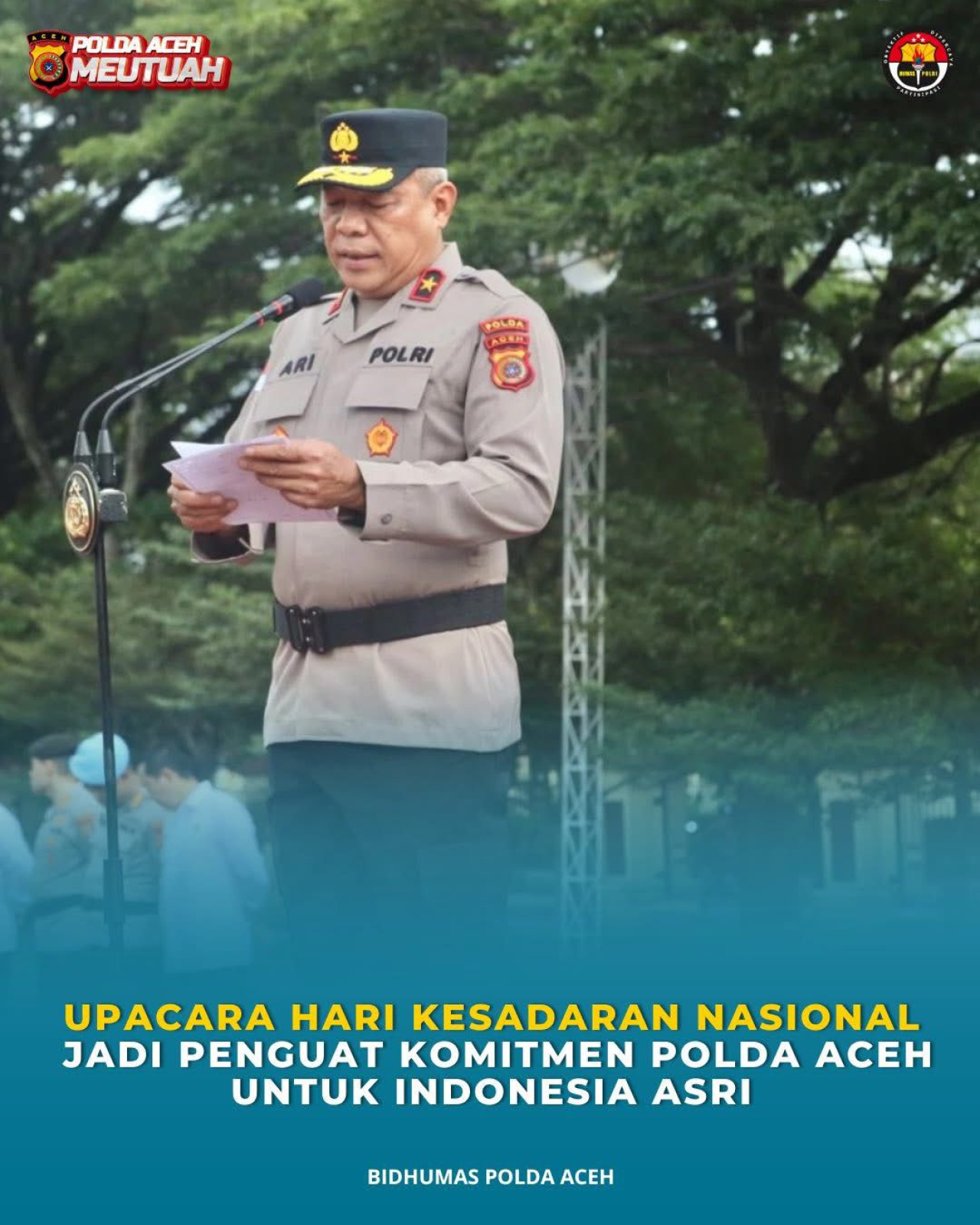Wakapolda Aceh, Brigjen Pol. Ari Wahyu Widodo, S.I.K., bertindak selaku Inspektur Upacara pada peringatan Hari Kesadaran Nasional yang digelar di Lapangan Apel Mapolda Aceh, Rabu (18/2/2026).