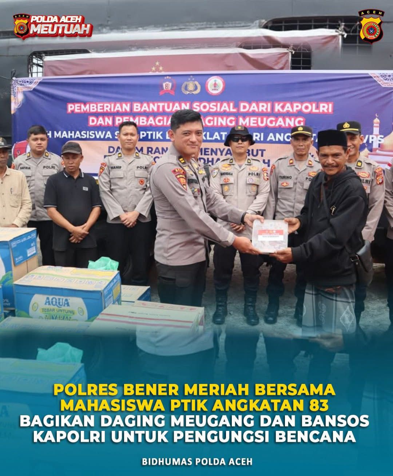 Polres Bener Meriah menggelar kegiatan Meugang dengan membagikan daging serta bantuan sosial kepada masyarakat terdampak banjir dan longsor, Rabu (18/2/2026).