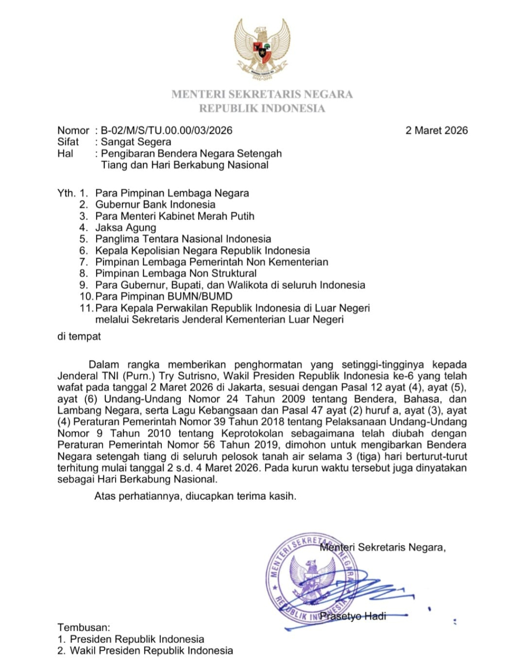 Surat untuk menghormati alm Wapres Tri Sutrisno dengan pengibaran Bendera setengah tiang selama 3 hari.