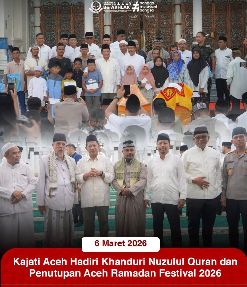 Kepala Kejaksaan Tinggi Aceh Drs,Yudi Triadi S.H.,M.H., menghadiri acara Khanduri Nuzulul Quran sekaligus penutupan Aceh Ramadan Festival 2026 yang berlangsung di halaman Masjid Raya Baiturrahman.