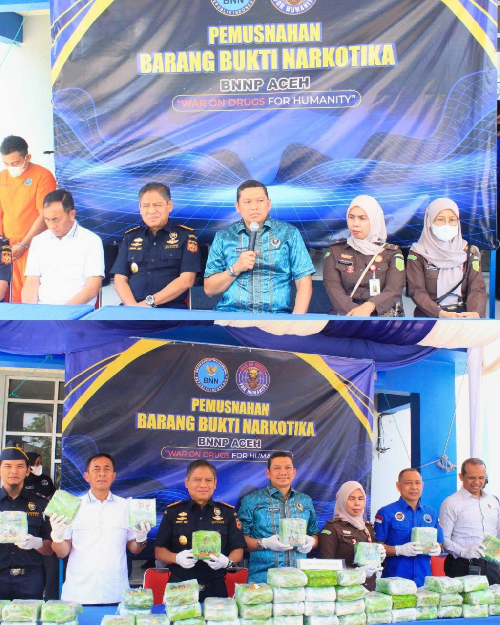 Badan Nasional Narkoba Provinsi (BNNP) Aceh melalui Bidang Pemberantasan dan Intelijen melaksanakan kegiatan pemusnahan barang bukti narkotika jenis sabu seberat 59.893,13 gram di halaman Gedung Pemberantasan BNNP Aceh.