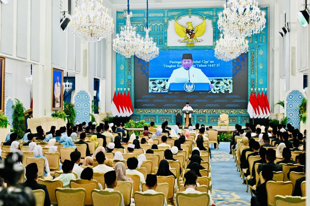 Presiden Prabowo Subianto saat memberikan sambutan pada peringatan Nuzulul Al Quran.