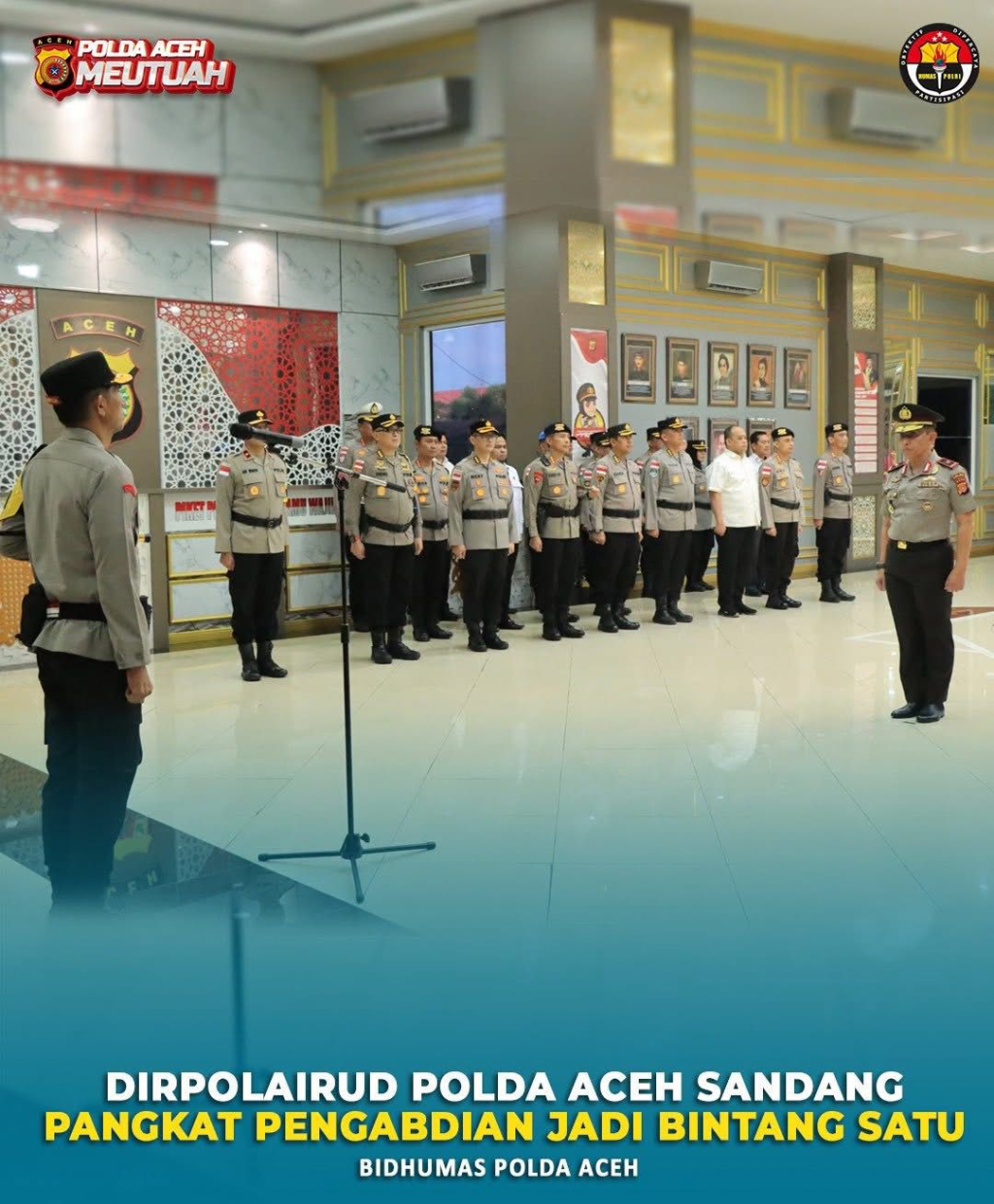 Suasana Upacara kenaikan pangkat Direktur Kepolisian Perairan dan Udara (Dirpolairud) Polda Aceh, Kombes Pol. Wahyu Prihatmaka, S.H., M.H., resmi naik pangkat pengabdian menjadi Brigadir Jenderal Pol.