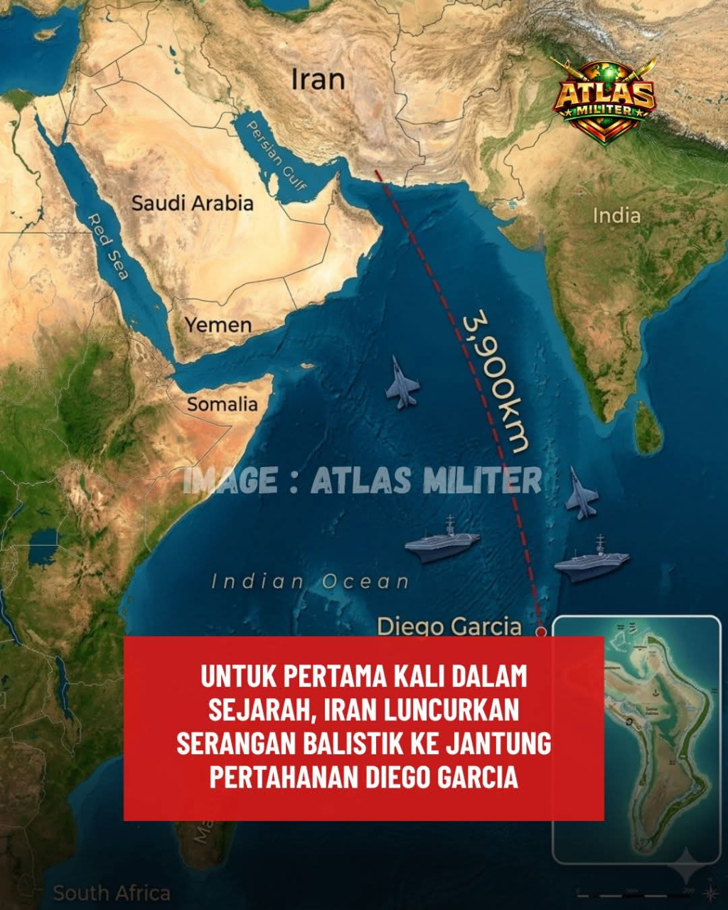 Pemerintah Iran diketahui telah melepaskan dua rudal Balistiknya ke Pangkalan Militer Inggris di Samudera Hindia, Diego Garcia yang merupakan kawasan atol berjarak 4.000 km dari Teheran