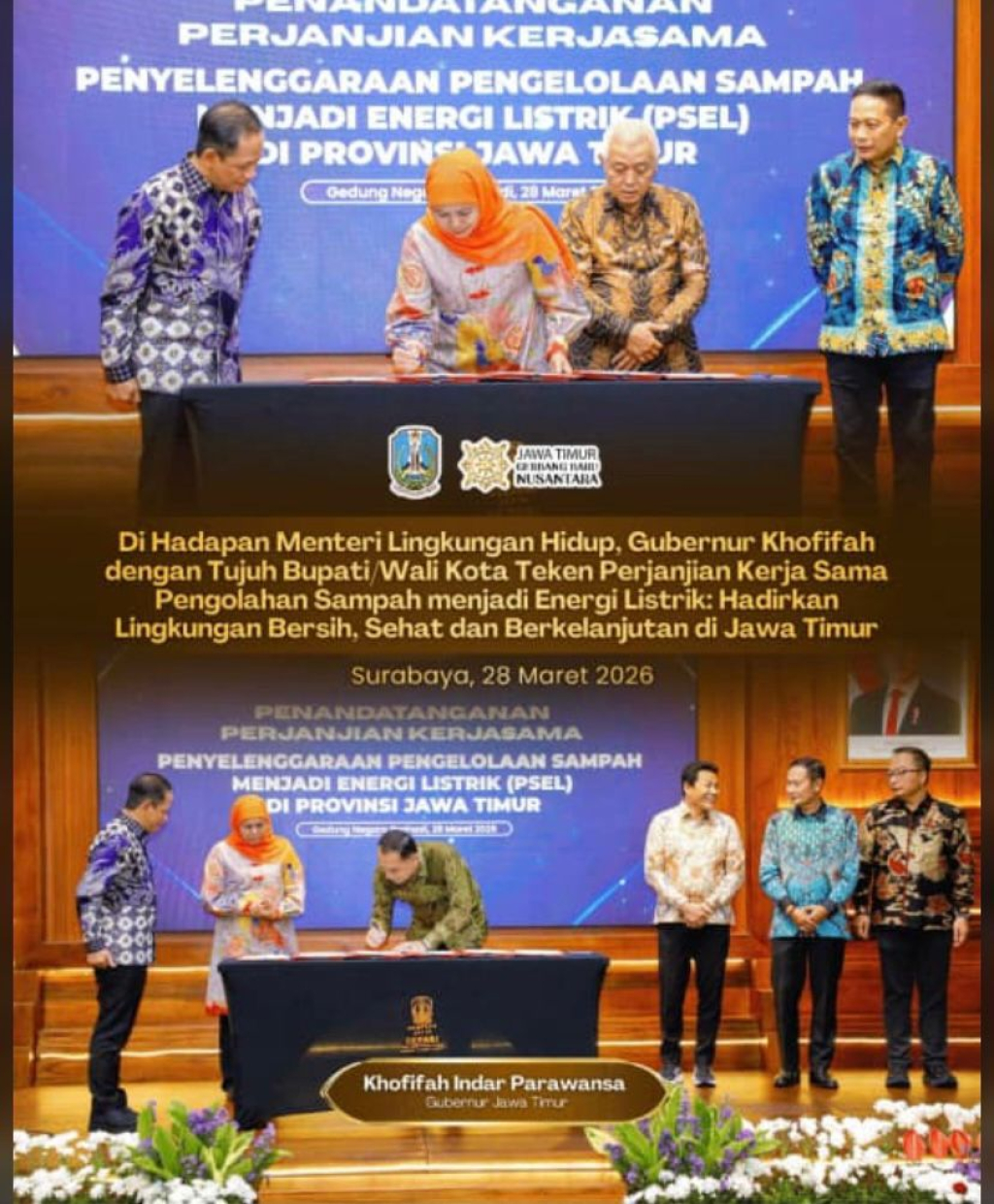 Gubernur Jatim Khofifah Indarparawansa bersama 7 kepala daerah melakukan MOU soal pengelolaan sampah untuk diolah jadi energi listrik. Penandatanganan itu disaksikan langsung oleh Menteri LH.