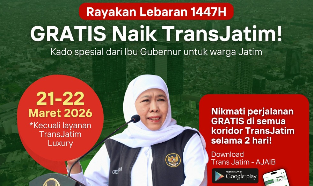Pemerintah Provinsi Jawa Timur menetapkan layanan transportasi publik Trans Jatim gratis selama dua hari, yakni pada 21–22 Maret 2026.