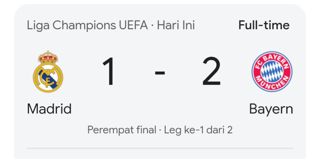 Skor Liga Champions antara Real Madrid versus Bayern Munchen yang berakhir 1-2