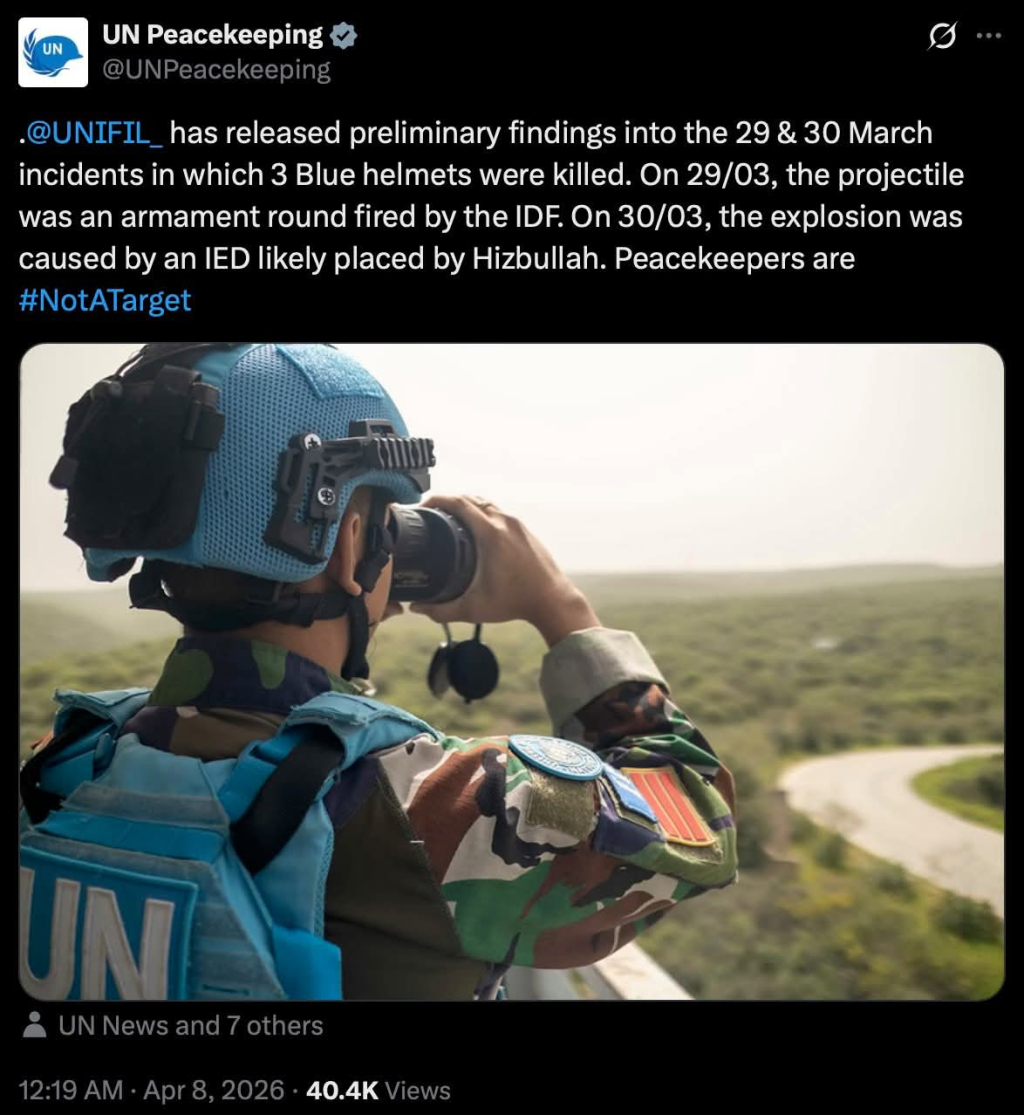 Sebuah tangkapan media sosial resmi UN Peacekeeping yang menyebutkan hasil investigasi UNIFIL.