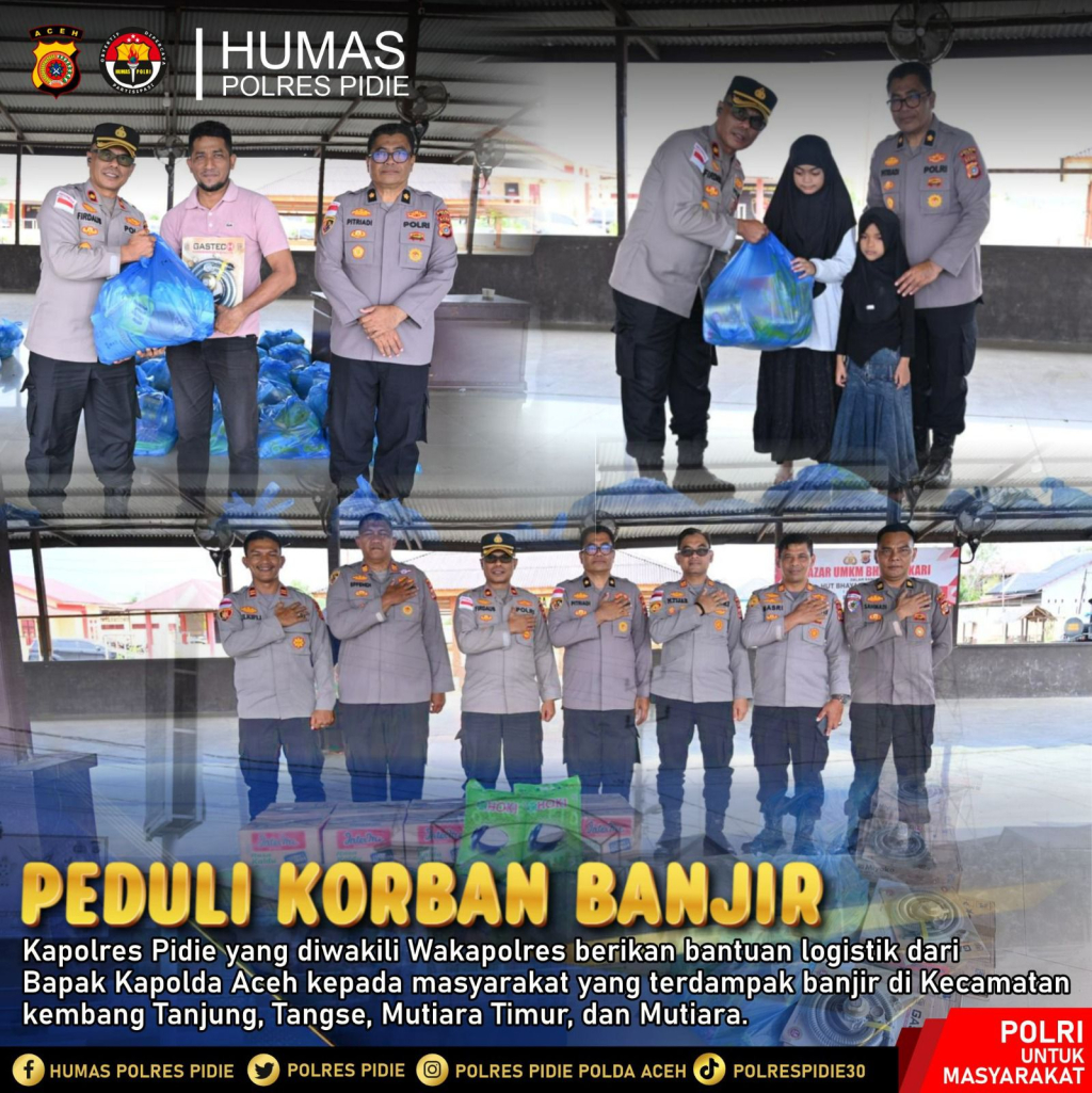 Polres Pidie menyalurkan bantuan logistik dari Kapolda Aceh kepada masyarakat terdampak banjir di sejumlah wilayah, Kamis (9/4/2026) sore.