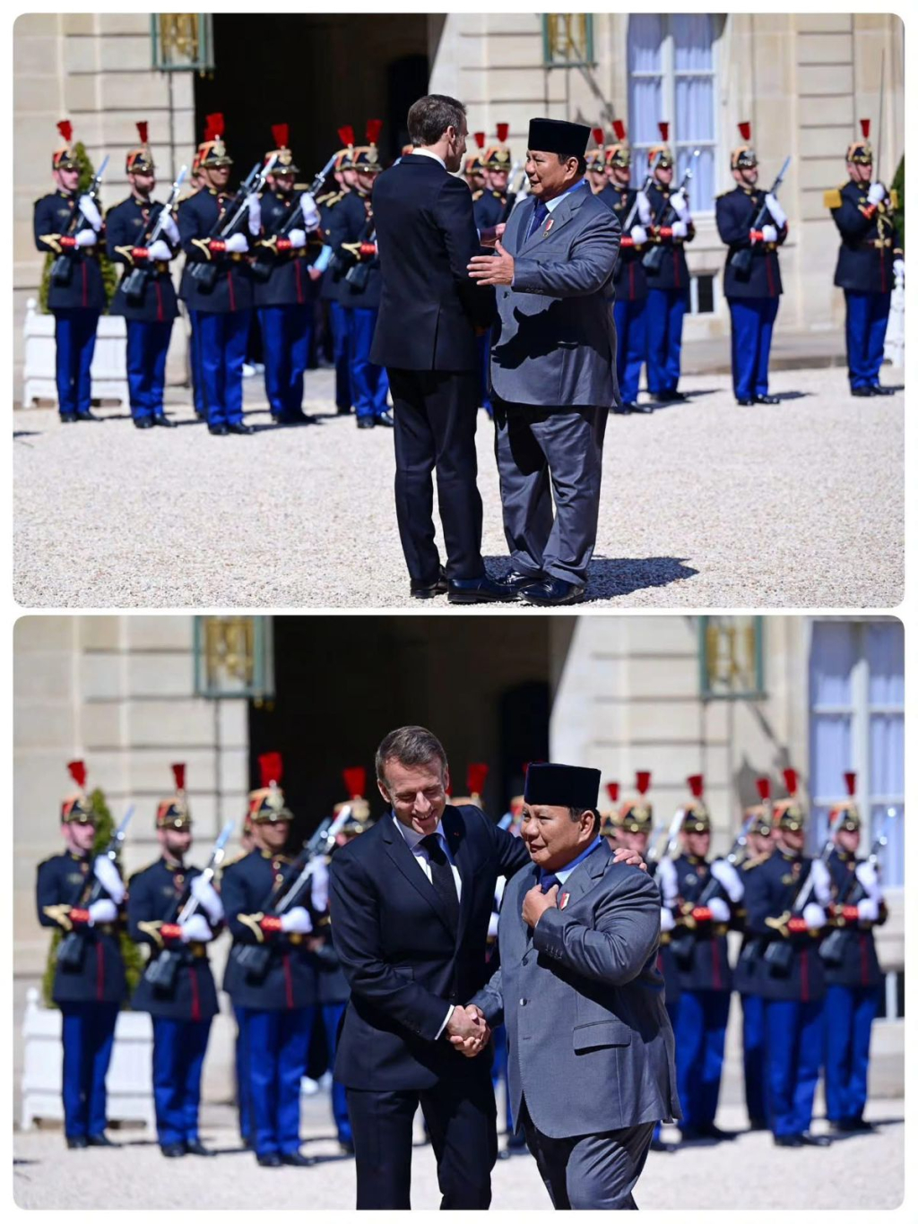 Presiden Prabowo Subianto bersalaman dengan koleganya Presiden Prancis Emmanuel Macron saat Presiden RI tiba di Paris. Kedua pemimpin itu bertemu dan berdialog selama 2 jam di Istana Élysée, Paris.